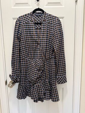 Veronica Beard Blue and Brown Checked Tunic